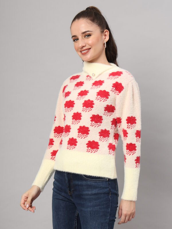 Off-White & Red Knit Short-Length Winter Sweater Top