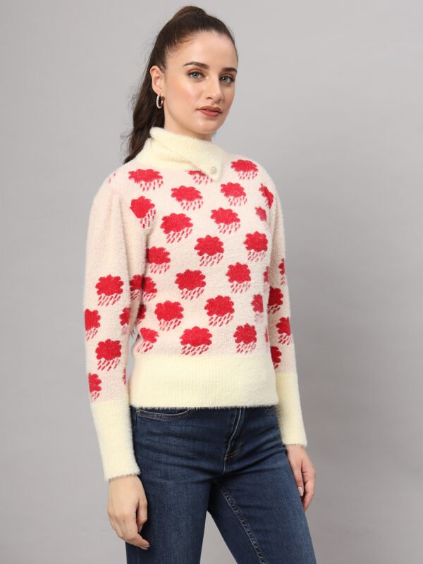Off-White & Red Knit Short-Length Winter Sweater Top