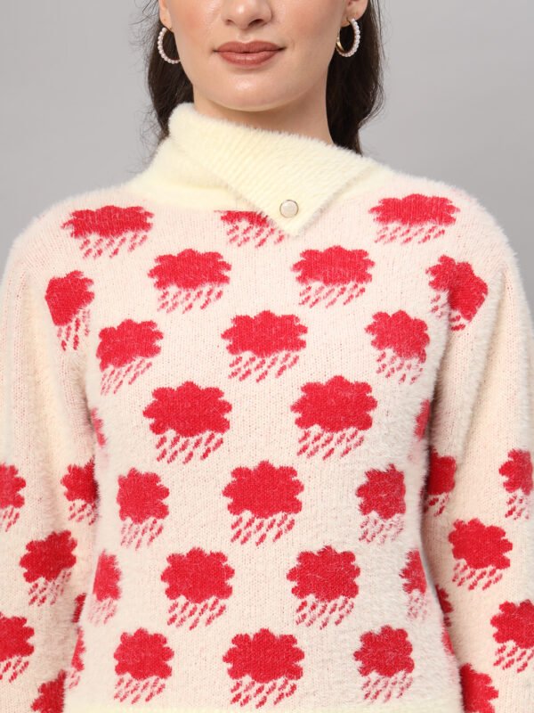 Off-White & Red Knit Short-Length Winter Sweater Top