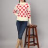 Women's off-white and red cloud pattern fuzzy knit short-length winter sweater top with round neck and long sleeves