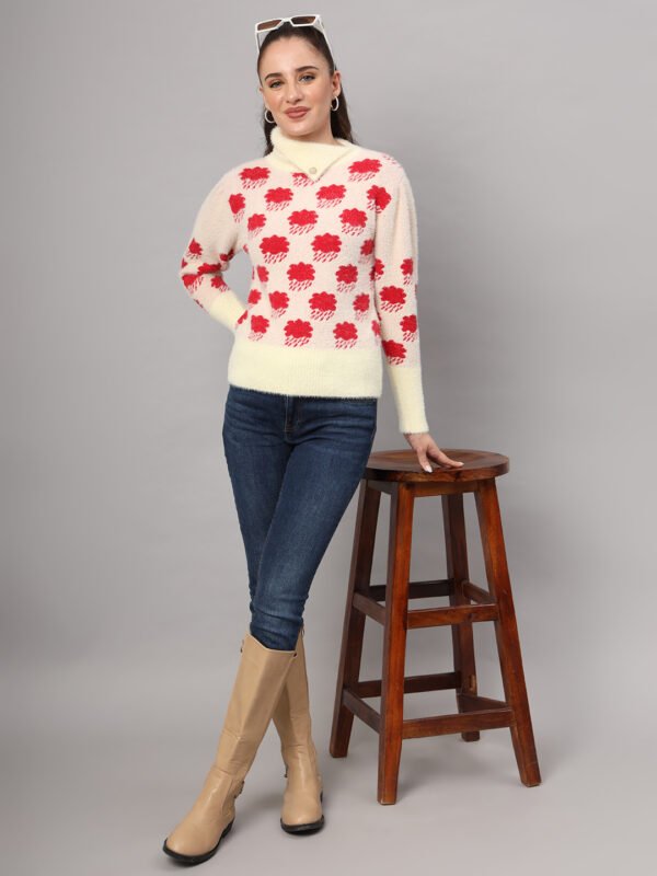 Women's off-white and red cloud pattern fuzzy knit short-length winter sweater top with round neck and long sleeves