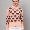 Women's peach and brown cloud pattern fuzzy knit short-length winter sweater top with round neckline and long sleeves