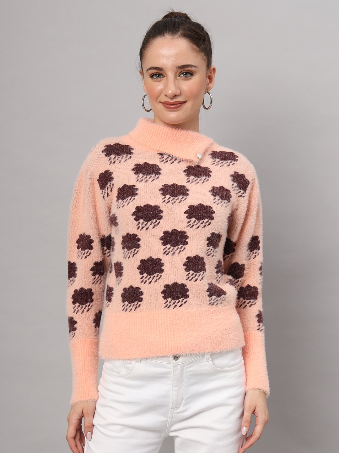 Women's peach and brown cloud pattern fuzzy knit short-length winter sweater top with round neckline and long sleeves