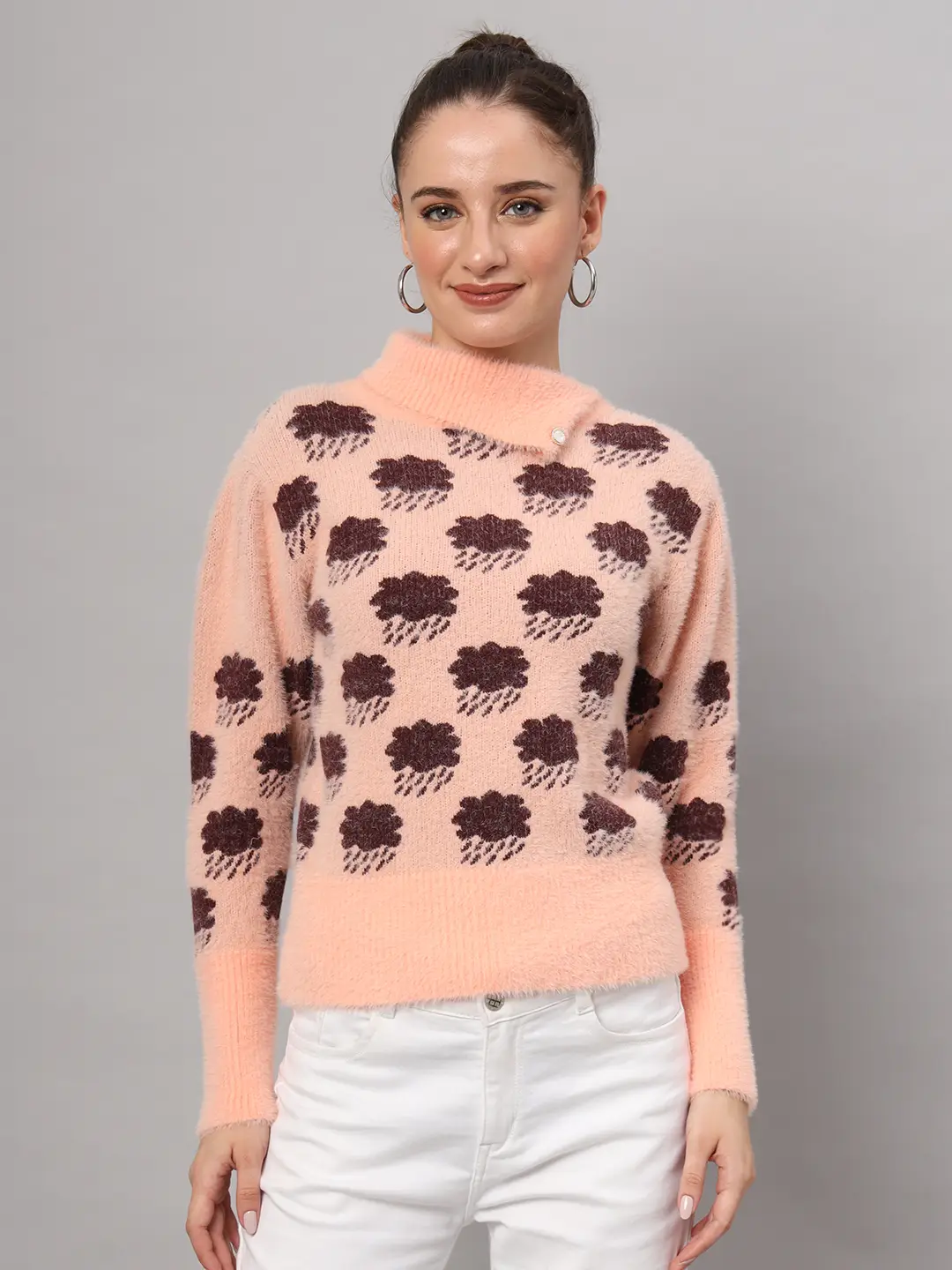 Women's peach and brown cloud pattern fuzzy knit short-length winter sweater top with round neckline and long sleeves Women's peach and brown cloud pattern fuzzy knit short-length winter sweater top with round neckline and long sleeves