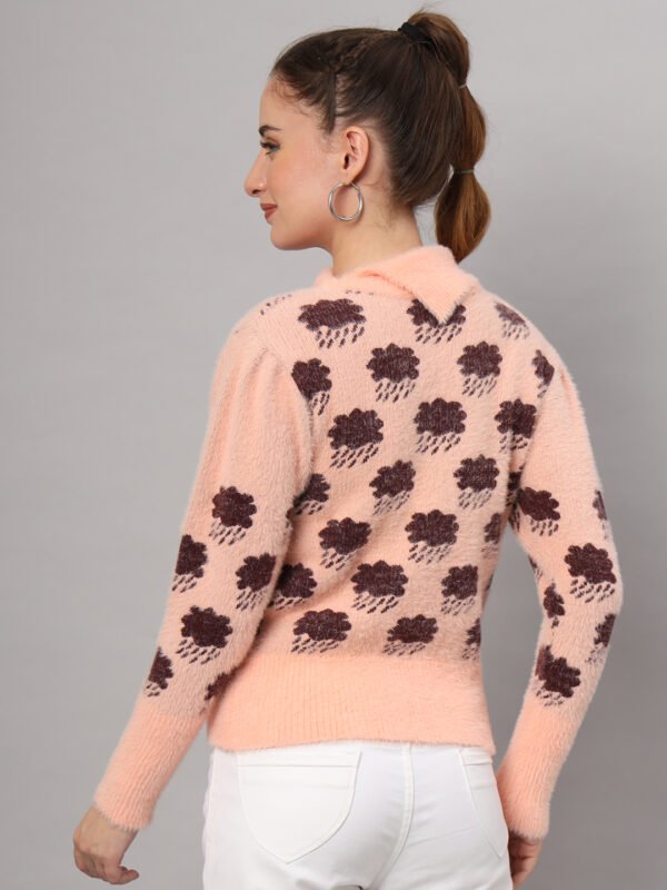 Peach & Brown Cloud Pattern Fuzzy Knit Short-Length Winter Sweater Top