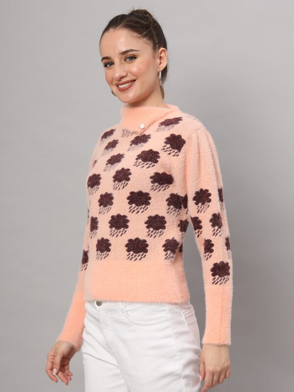 Peach & Brown Cloud Pattern Fuzzy Knit Short-Length Winter Sweater Top