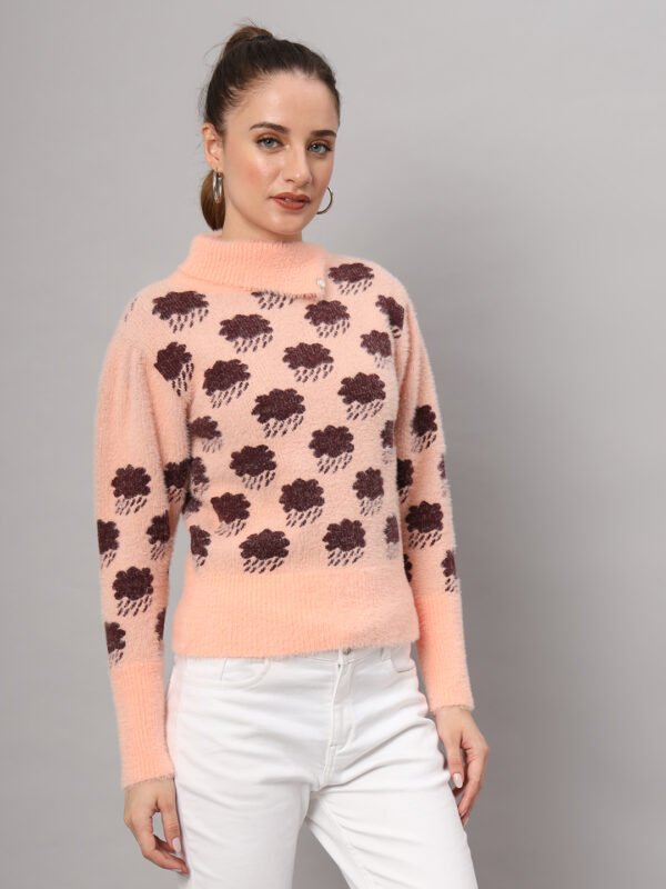 Peach & Brown Cloud Pattern Fuzzy Knit Short-Length Winter Sweater Top