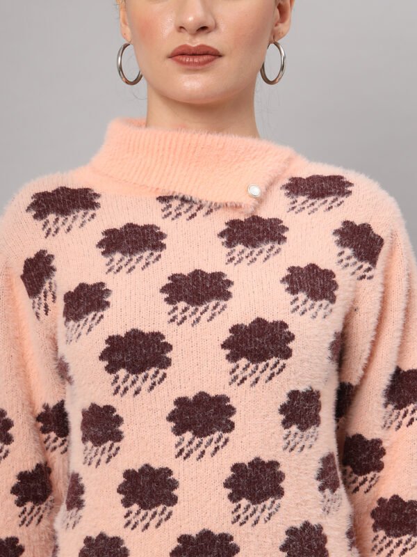 Peach & Brown Cloud Pattern Fuzzy Knit Short-Length Winter Sweater Top