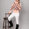 Women's peach and brown cloud pattern fuzzy knit short-length winter sweater top with round neckline and long sleeves