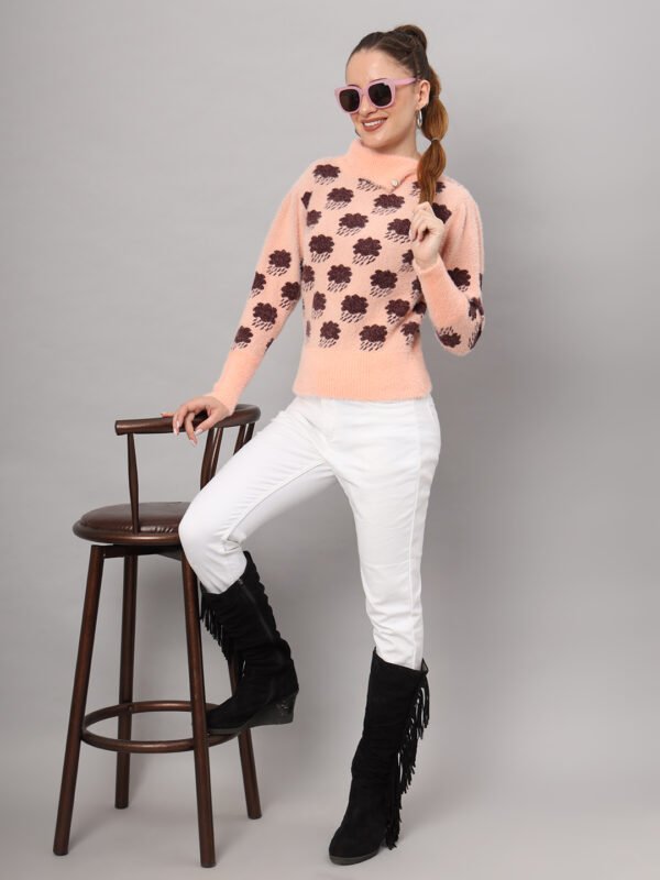 Women's peach and brown cloud pattern fuzzy knit short-length winter sweater top with round neckline and long sleeves