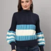 Women's navy, blue, and white colorblock chunky ribbed knit short-length winter sweater top with balloon sleeves