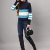 Women's navy, blue, and white colorblock chunky ribbed knit short-length winter sweater top with balloon sleeves