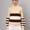 Women's cream, maroon, and white colorblock chunky ribbed knit short-length winter sweater top with balloon sleeves