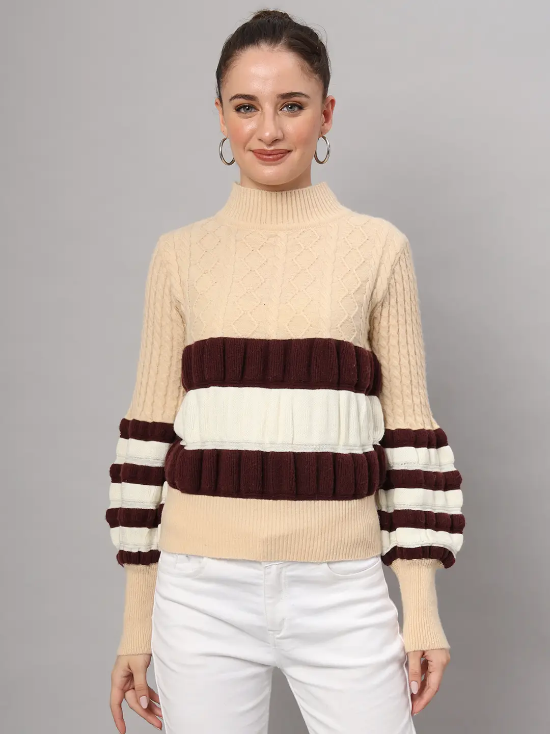 Women's cream, maroon, and white colorblock chunky ribbed knit short-length winter sweater top with balloon sleeves