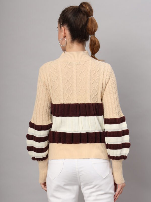 Cream, Maroon & White Knit Short-Length Winter Sweater Top