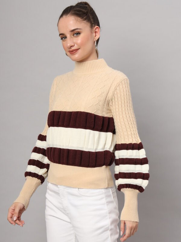 Cream, Maroon & White Knit Short-Length Winter Sweater Top