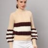 Cream, Maroon & White Knit Short-Length Winter Sweater Top