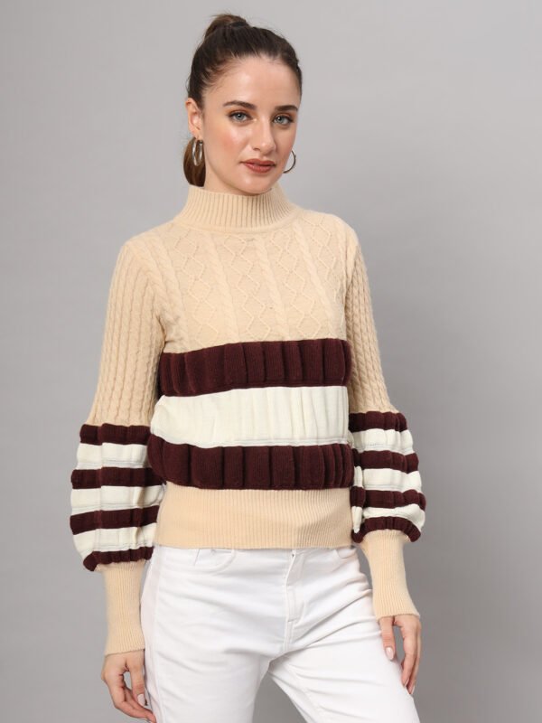 Cream, Maroon & White Knit Short-Length Winter Sweater Top