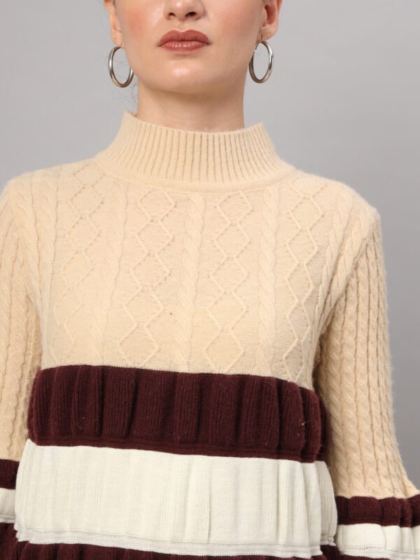 Cream, Maroon & White Knit Short-Length Winter Sweater Top