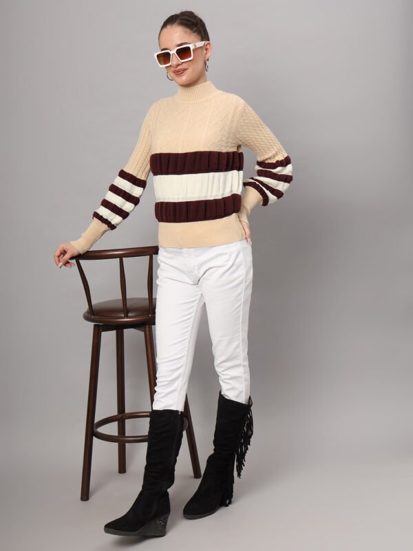 Cream, Maroon & White Knit Short-Length Winter Sweater Top