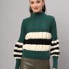 Women's dark green, black, and white colorblock chunky ribbed knit short-length winter sweater top with balloon sleeves