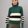 Women's dark green, black, and white colorblock chunky ribbed knit short-length winter sweater top with balloon sleeves Women's dark green, black, and white colorblock chunky ribbed knit short-length winter sweater top with balloon sleeves
