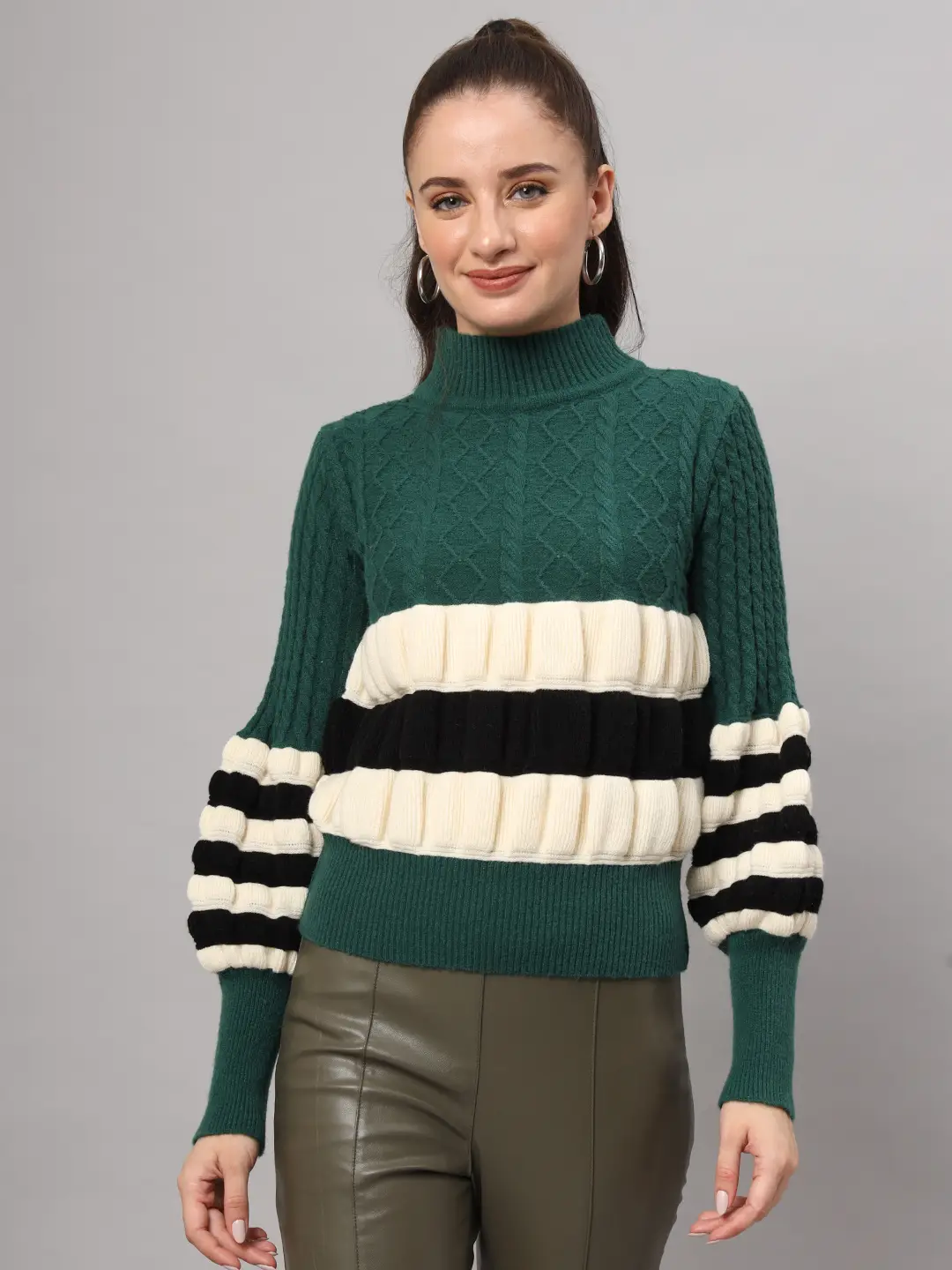Women's dark green, black, and white colorblock chunky ribbed knit short-length winter sweater top with balloon sleeves Women's dark green, black, and white colorblock chunky ribbed knit short-length winter sweater top with balloon sleeves