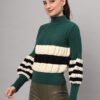 Dark Green, Black & White Knit Short-Length Winter Sweater Top