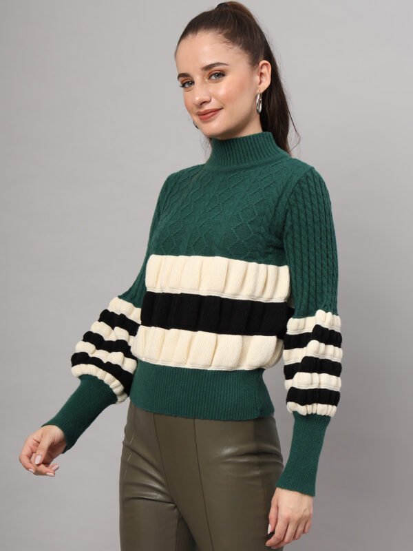 Dark Green, Black & White Knit Short-Length Winter Sweater Top
