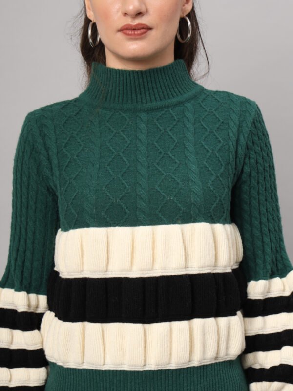 Dark Green, Black & White Knit Short-Length Winter Sweater Top