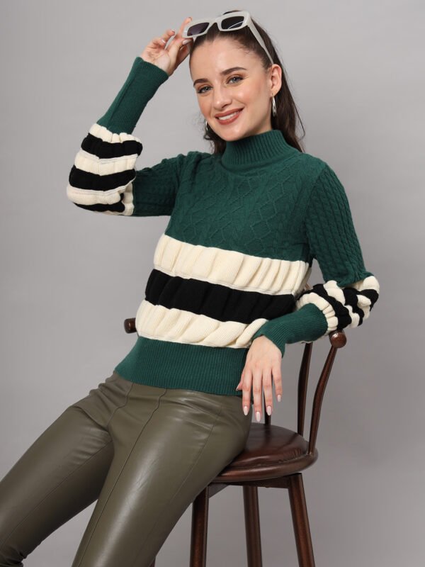 Dark Green, Black & White Knit Short-Length Winter Sweater Top