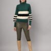 Women's dark green, black, and white colorblock chunky ribbed knit short-length winter sweater top with balloon sleeves