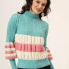 Women's light blue, white, and pink colorblock chunky ribbed knit short-length winter sweater top with balloon sleeves