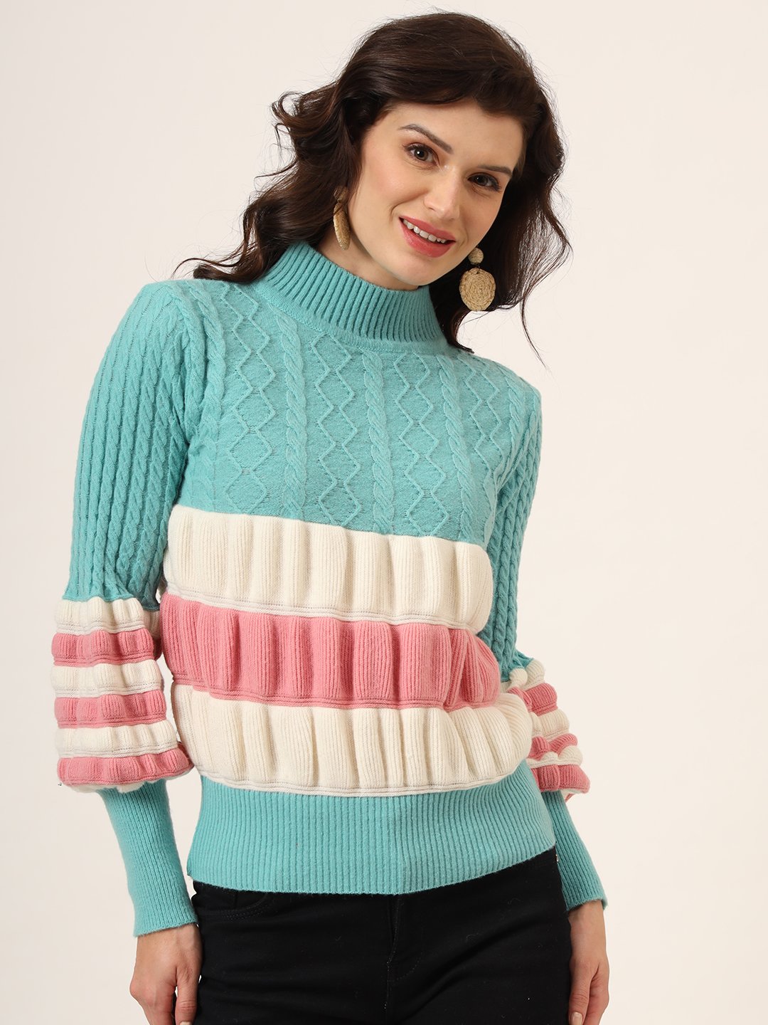 Women's light blue, white, and pink colorblock chunky ribbed knit short-length winter sweater top with balloon sleeves