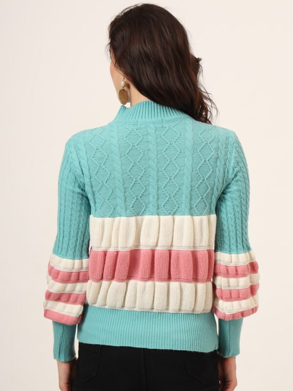 Light Blue, White & Pink Knit Short-Length Winter Sweater Top