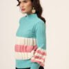 Light Blue, White & Pink Knit Short-Length Winter Sweater Top