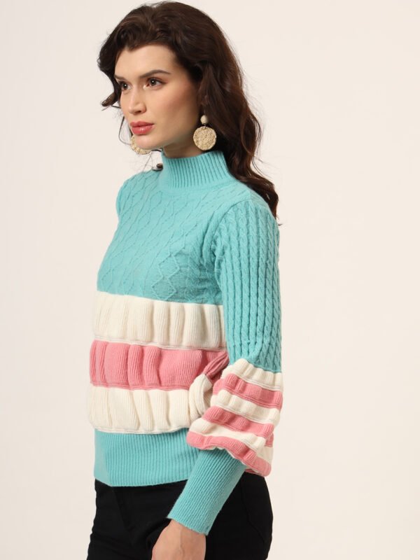 Light Blue, White & Pink Knit Short-Length Winter Sweater Top