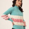 Light Blue, White & Pink Knit Short-Length Winter Sweater Top