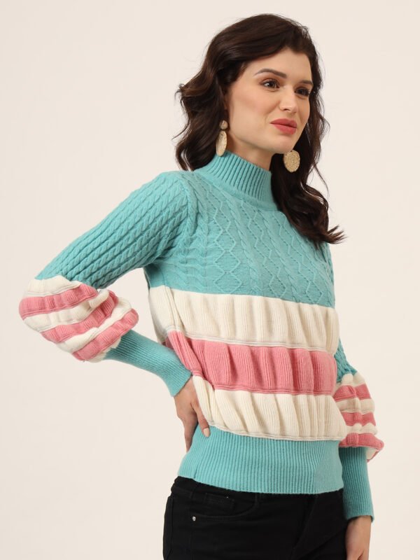 Light Blue, White & Pink Knit Short-Length Winter Sweater Top