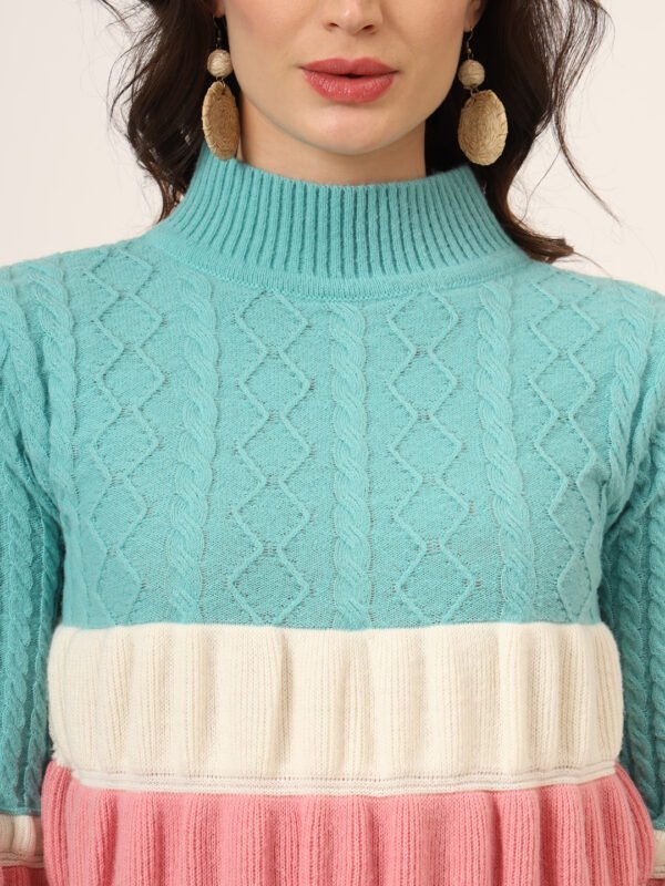 Light Blue, White & Pink Knit Short-Length Winter Sweater Top