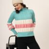 Light Blue, White & Pink Knit Short-Length Winter Sweater Top