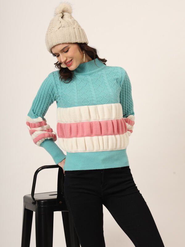 Light Blue, White & Pink Knit Short-Length Winter Sweater Top