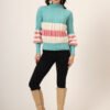 Women's light blue, white, and pink colorblock chunky ribbed knit short-length winter sweater top with balloon sleeves
