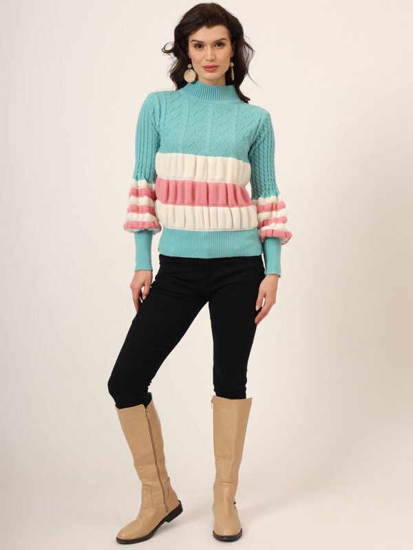 Women's light blue, white, and pink colorblock chunky ribbed knit short-length winter sweater top with balloon sleeves