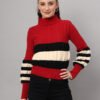 Women's maroon, black, and white colorblock chunky ribbed knit short-length winter sweater top with balloon sleeves