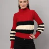 Women's maroon, black, and white colorblock chunky ribbed knit short-length winter sweater top with balloon sleeves