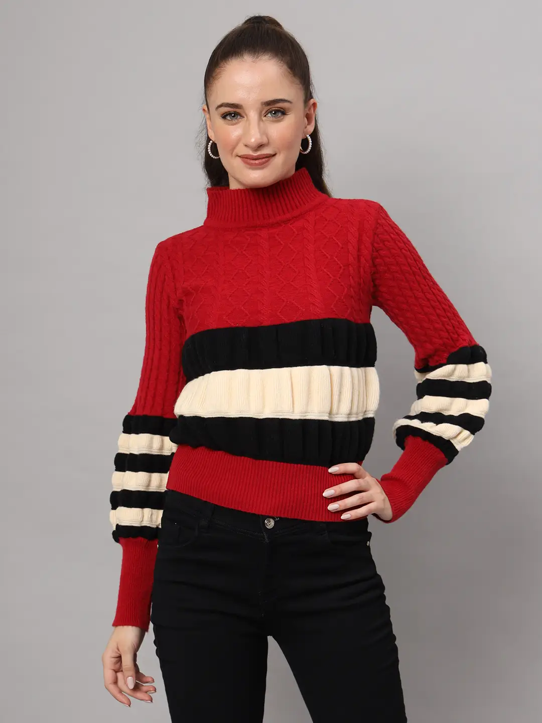 Women's maroon, black, and white colorblock chunky ribbed knit short-length winter sweater top with balloon sleeves Women's maroon, black, and white colorblock chunky ribbed knit short-length winter sweater top with balloon sleeves