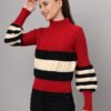 Maroon, Black & White Knit Short-Length Winter Sweater Top