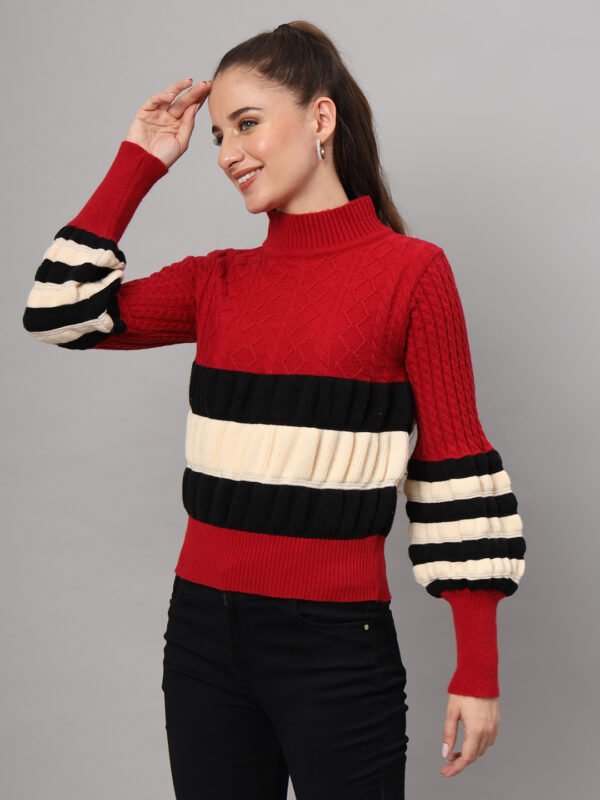 Maroon, Black & White Knit Short-Length Winter Sweater Top