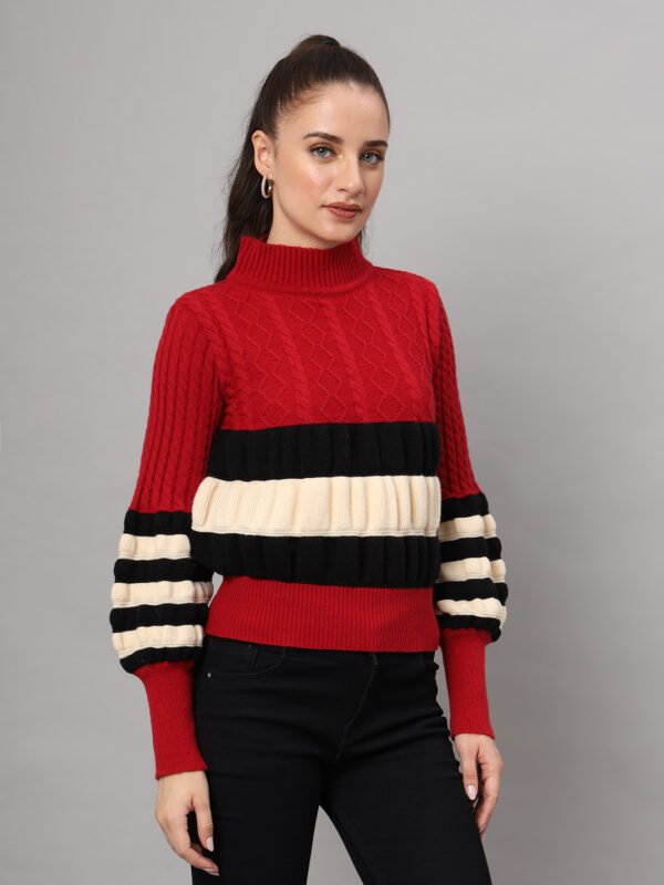 Maroon, Black & White Knit Short-Length Winter Sweater Top